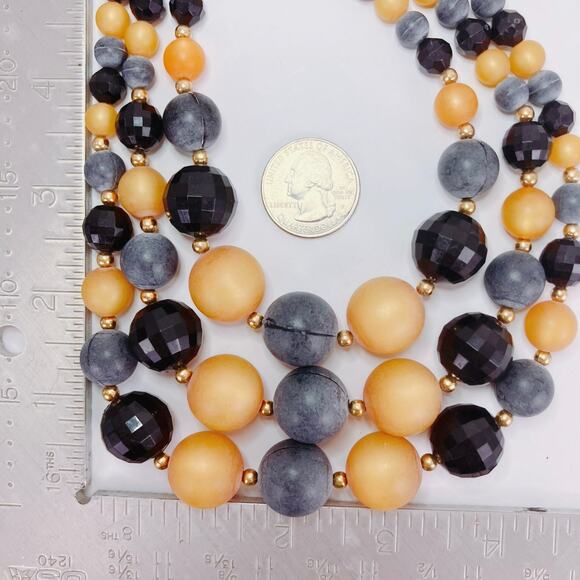 Vintage 1950s Lucite Multi Strand Necklace Black Gray Mustard Halloween Jewelry - Picture 10 of 11